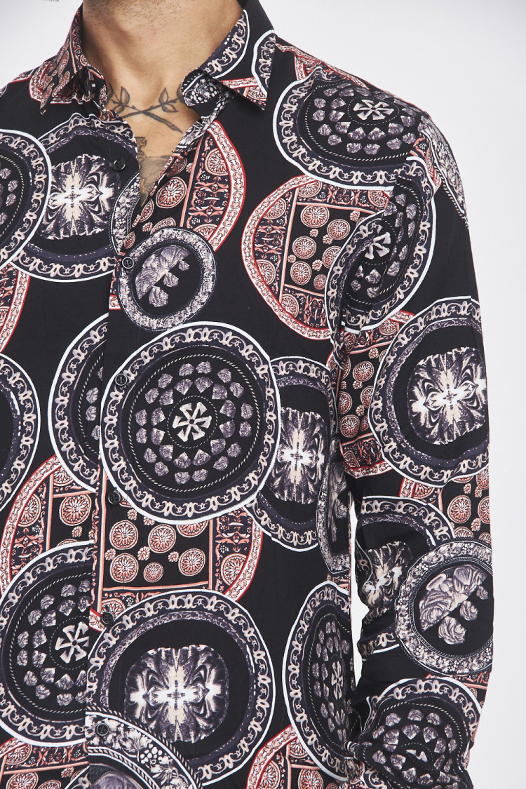 Chemise noire à motifs grecs orange-violet-beige