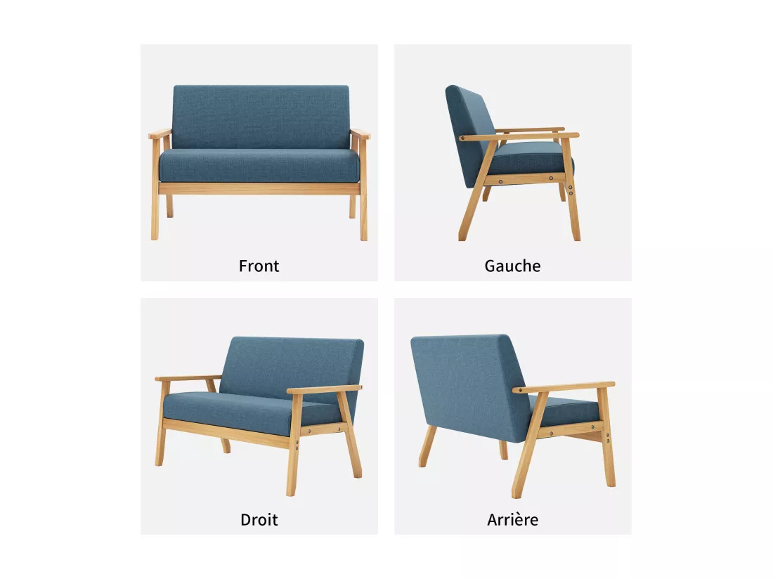Canapé 2 Places salon moderne, en Tissu Lin, cadre en bois, Bleu,107x60x76cm