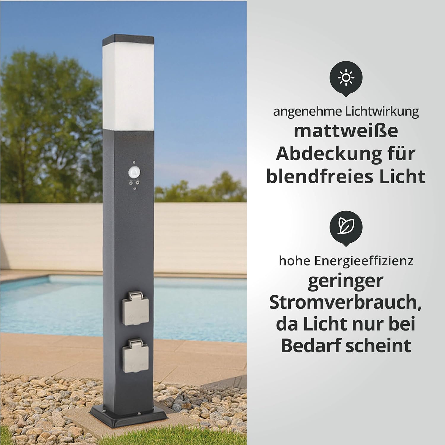LED Universum Wegeleuchte mit 80cm Edelstahl Außenleuchte Stehleuchte Energiesäule Stromsäule Stromverteiler für den Garten Gartensteckdose (Anthrazit mit Bewegungsmelder und 2 Steckdosen)