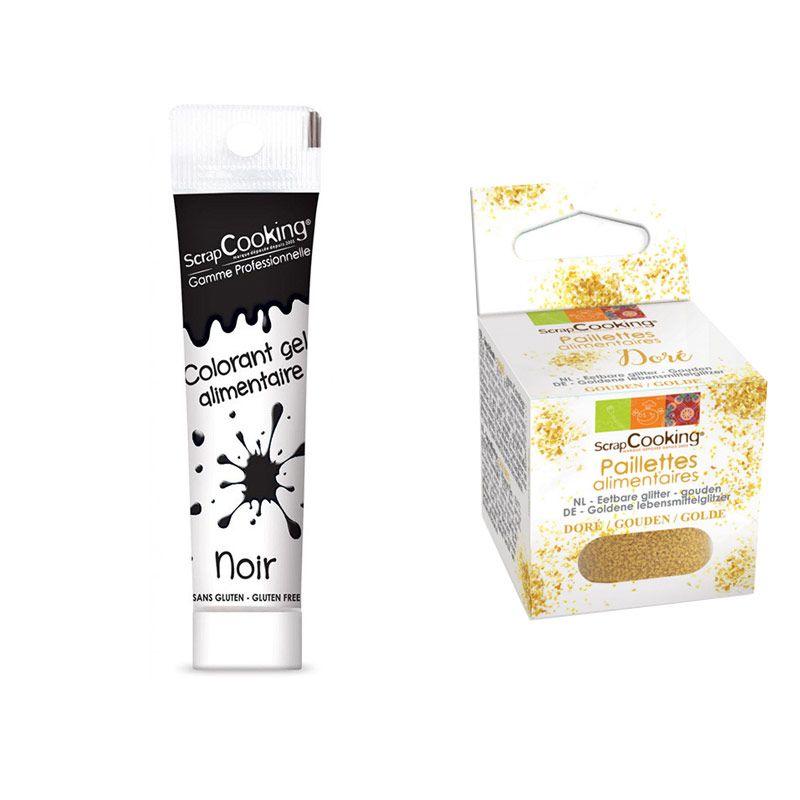 Gel colorant alimentaire noir + paillettes dorées Scrapcooking