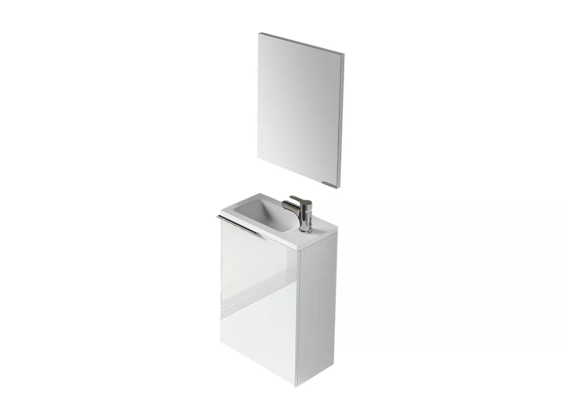 Meuble sous-vasque Dlott, Meuble de salle de bain suspendu, armoire 1 porte avec miroir et lavabo, 40x22h58 cm, Blanc brillant