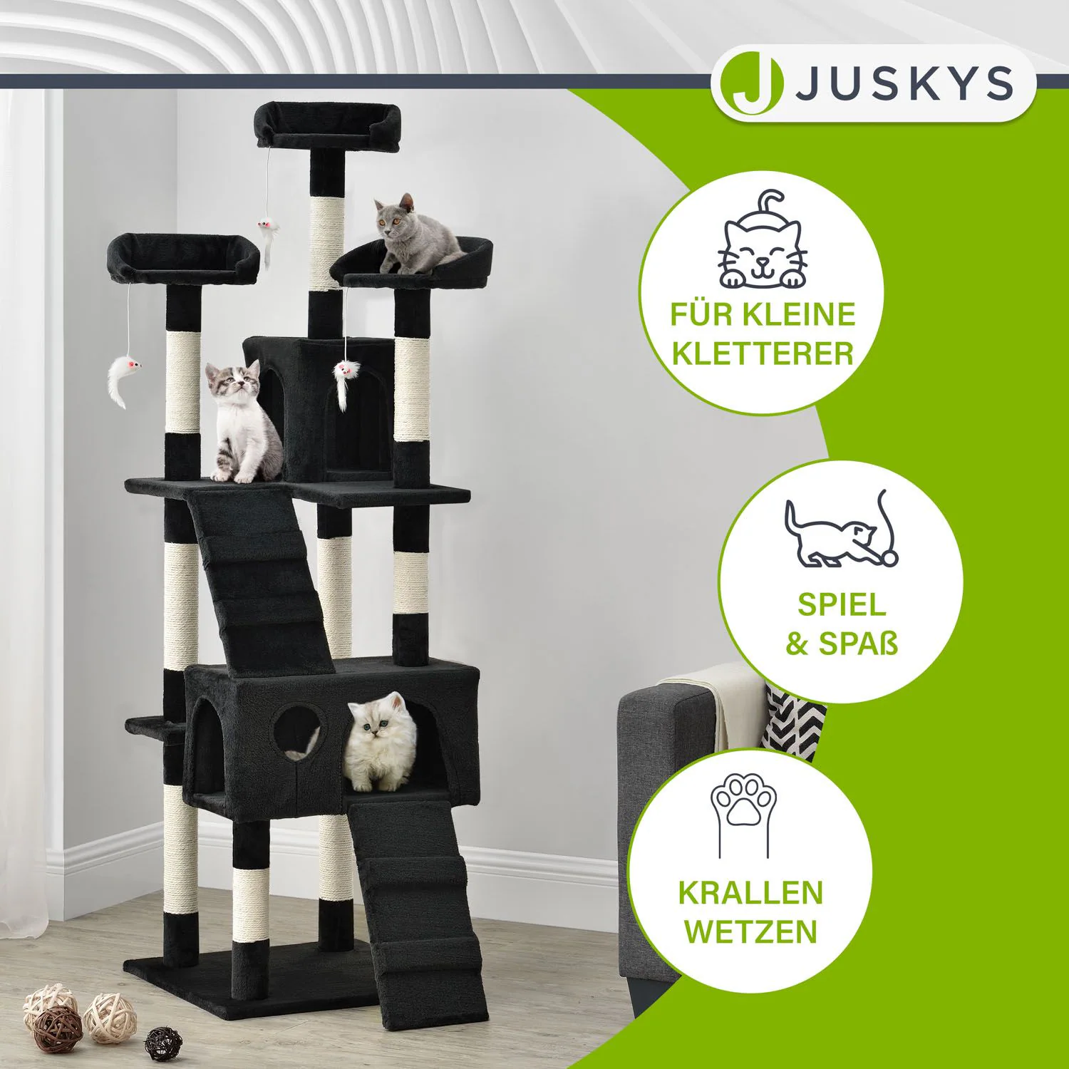Juskys Kratzbaum Amy Schwarz – Katzenbaum mit Höhlen, Liegeflächen, Leitern & Sisal-Stämmen