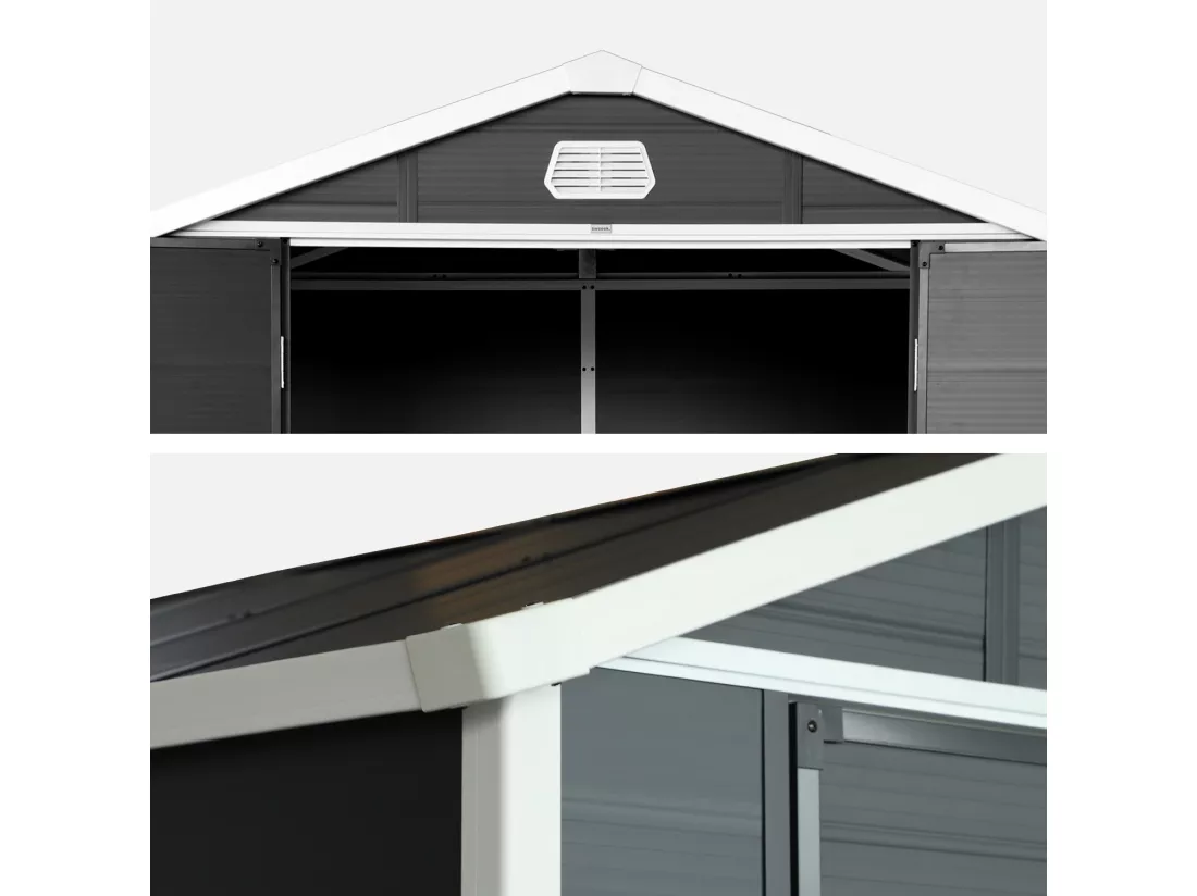 Abri de jardin plastique 3.65 m². anthracite. acier et aluminium. toiture en double pente et grande porte d'entée. 192 x 190 x 219cm