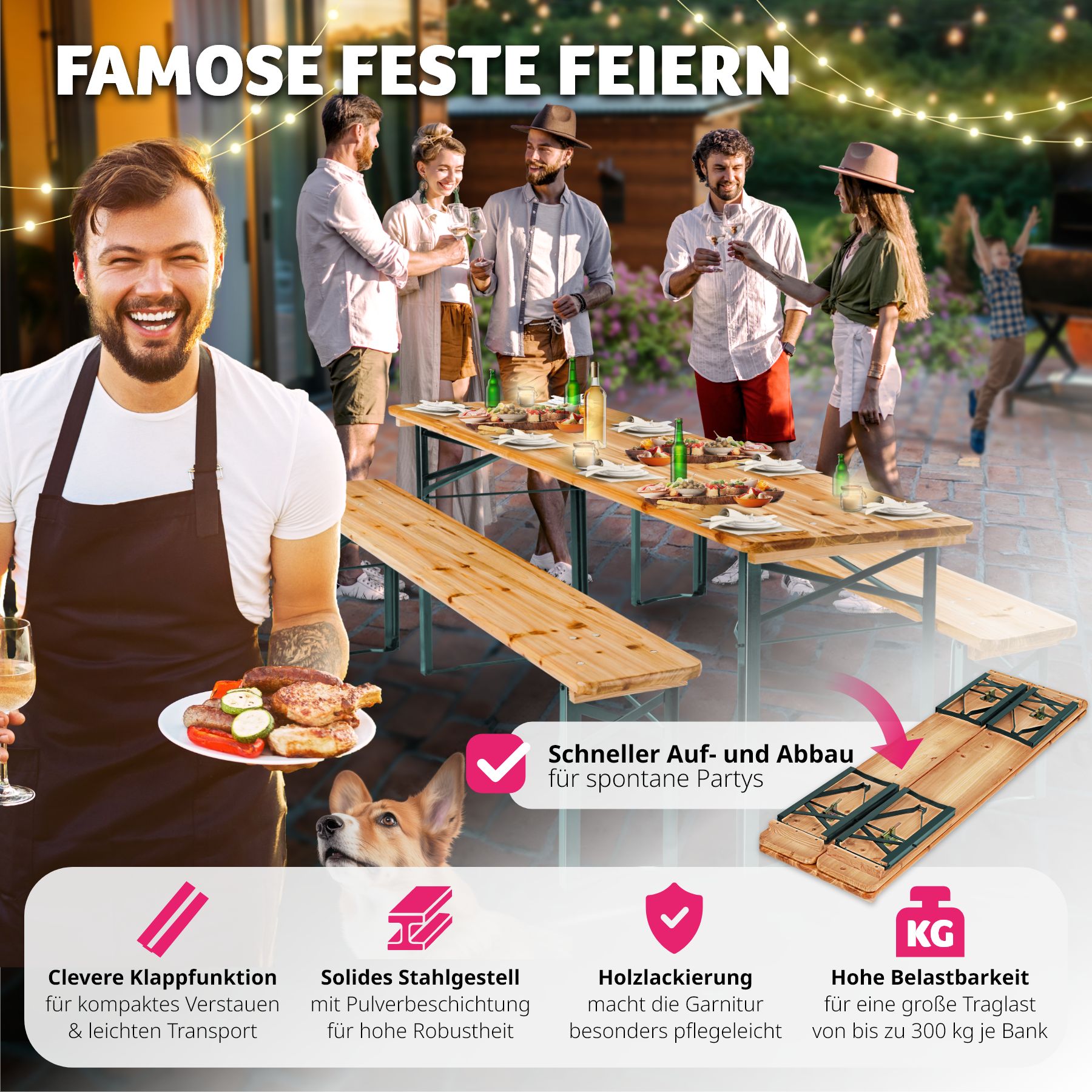 tectake® Bierzeltgarnitur, 3-teilig, belastbar, Holzlackierung mit Klarlack