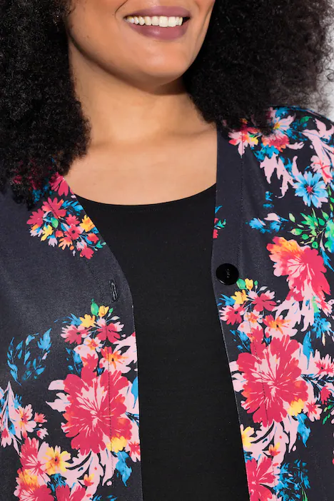 Jerseyjacke, A-Linie, V-Ausschnitt, Langarm, schwarz