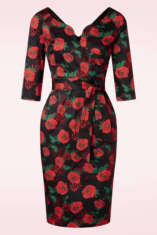 Vintage Diva  The Bombshell Roses pencil jurk in zwart