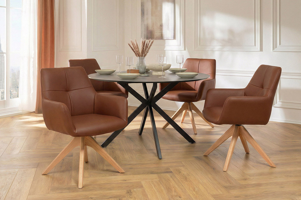 Drehbarer Stuhl ALMARA cognac braun Echtleder 360° Taschenfederkern Eiche Massivholz