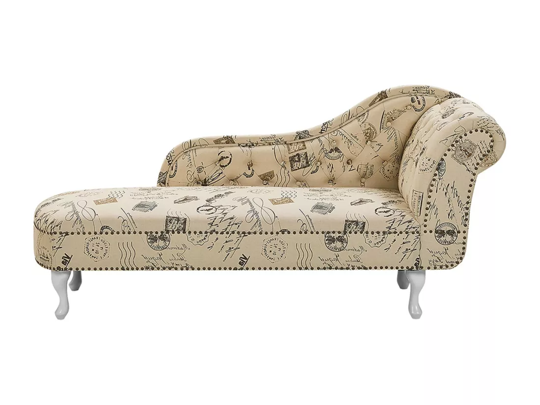 Chaise longue Chesterfield en tissu imprimé beige côté droit NIMES