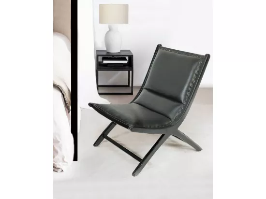 Safran - Fauteuil lounge en teck et cuir noir