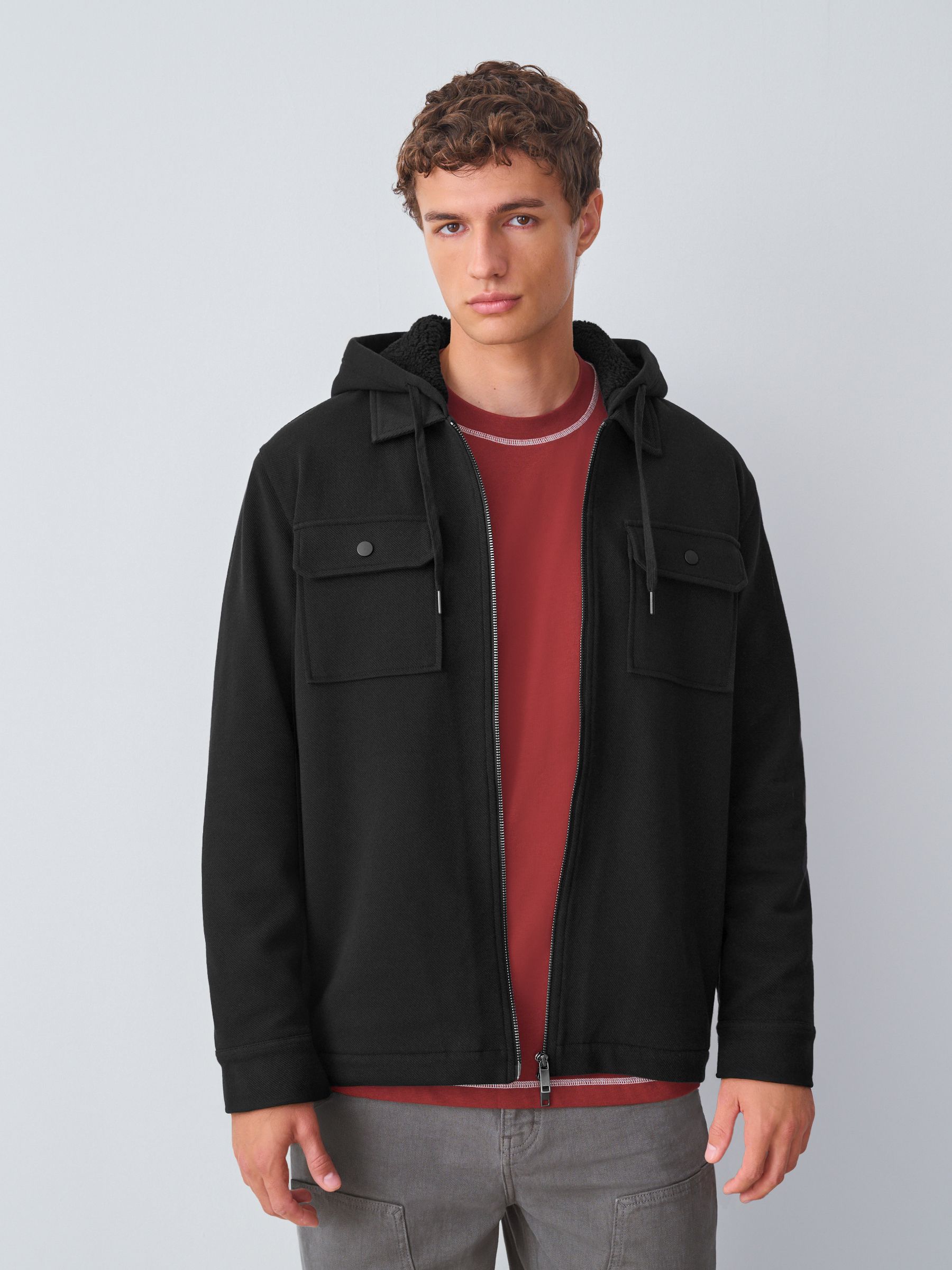 Zwart - Mat capuchon - Borg overshirt met fleecevoering
