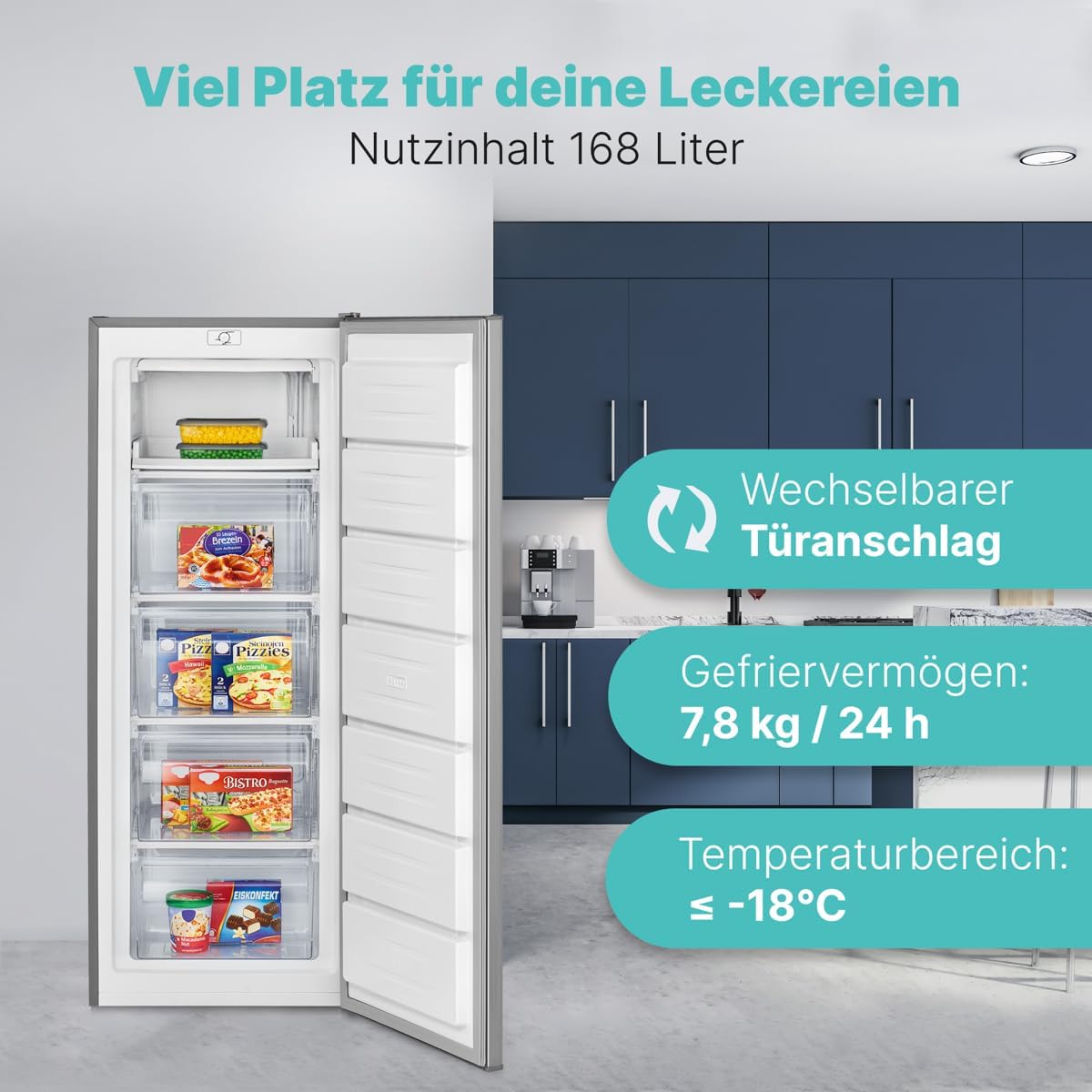 Bomann® Gefrierschrank 143cm | 4 Sterne-Gefrierfach | Temperaturbereich: ≤ -18°C | Tiefkühlschrank leise 40dB | wechselbarer Türanschlag | Gefrierschrank gross | 168L Freezer | GS 7364 inox