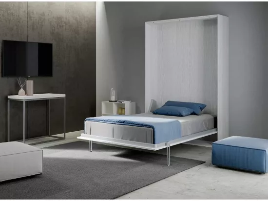 Lit escamotable vertical frêne blanc et porte bleu clair kanto 120x190