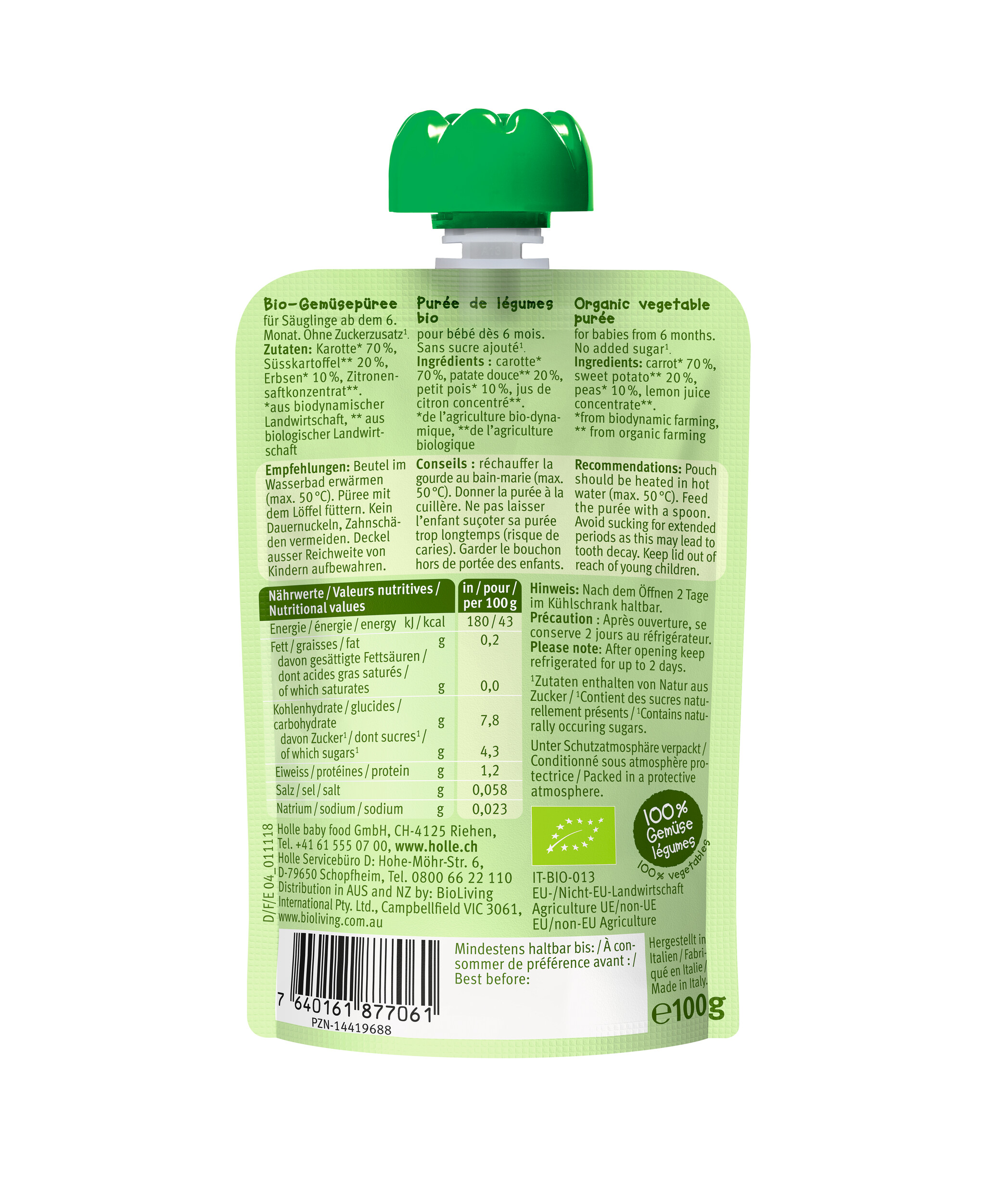 HOLLE Veggie Bunny - Pouchy Karotte Süsskartoffel Erbsen 100 g