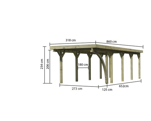 Enkele carport Karibu Dahnen 3 variant B met één inrijboog 318x860 cm drukgeïmpregneerd