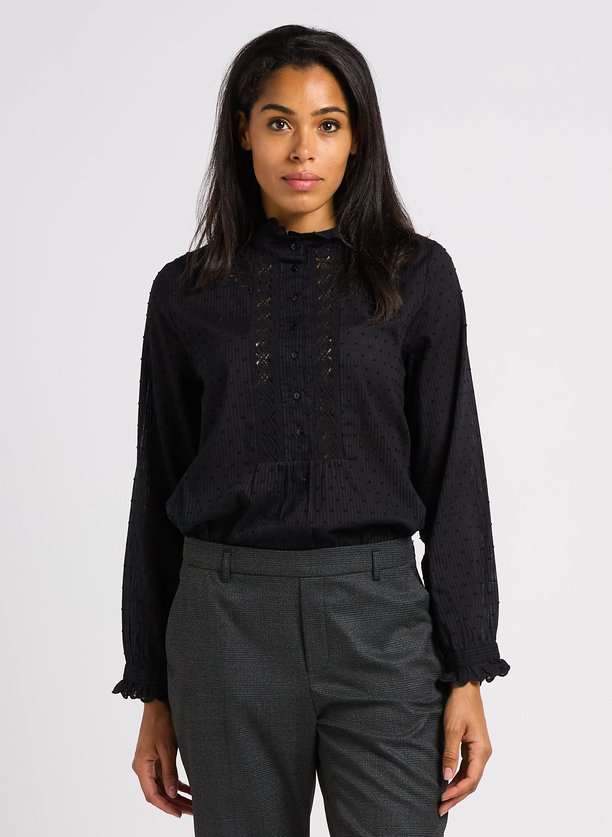 CAROLA - Blouse droite col montant en coton rayé | Noir