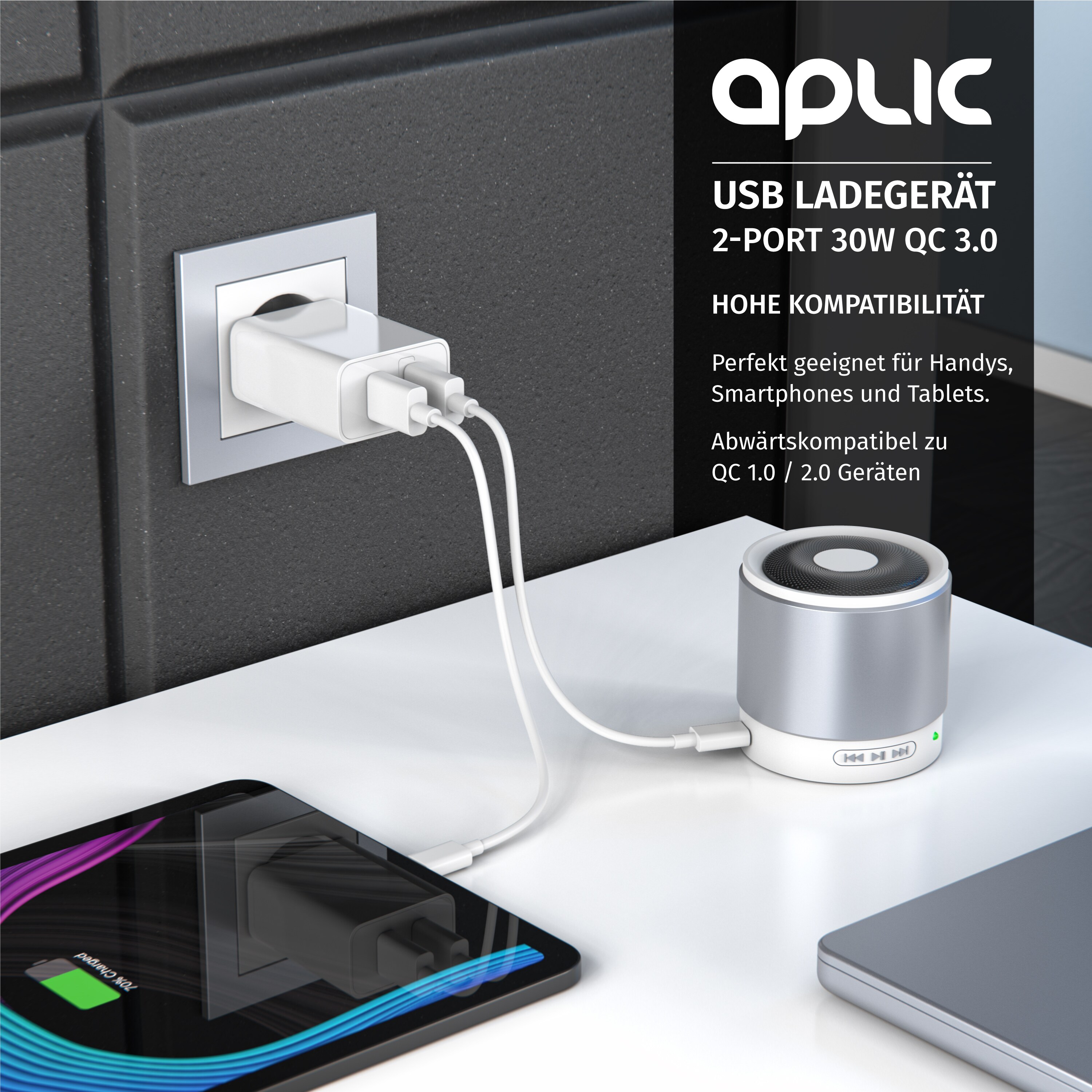 Aplic USB-Ladegerät 3000 mA, 2-Port, 30W, Quick Charge 3.0 (QC 3.0) Schnelladefunktion