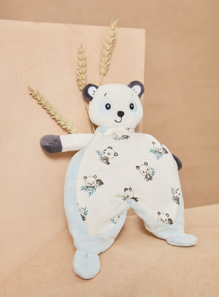 Doudou de naissance panda bleu glacier, blanc et noir