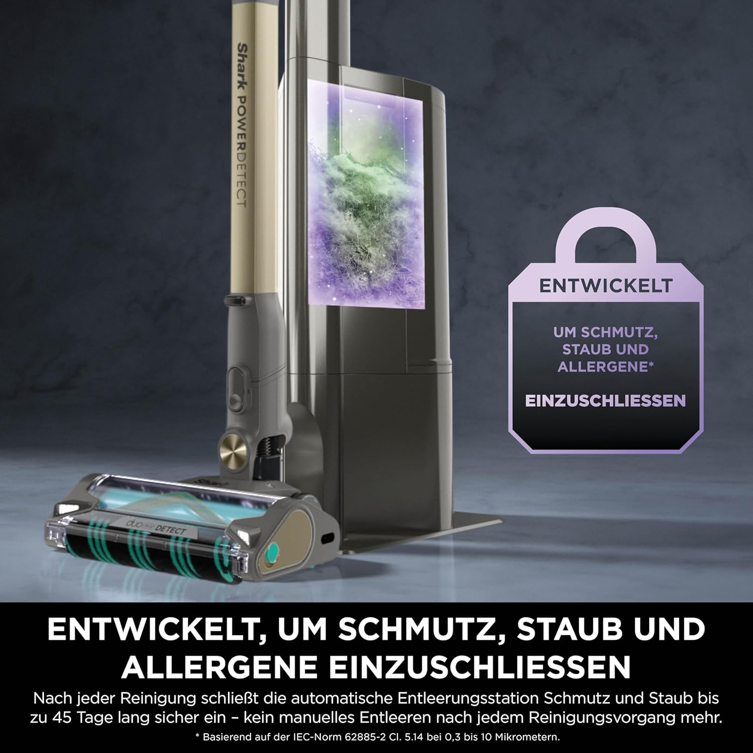 Shark PowerDetect Clean & Empty Akku-Staubsauger mit Absaugstation, bis 70 Min. Laufzeit, kabellos, selbstentleerend, für Tierhaare, Allergiker, Teppich und Hartböden, mit LED-Licht, Gold, IP3253EUT