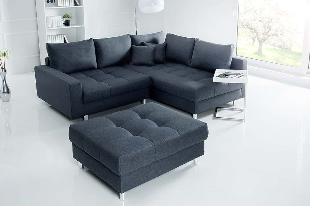 Moderne Wohnlandschaft KENT 220cm anthrazit Ecksofa Federkern inkl. Hocker und Kissen