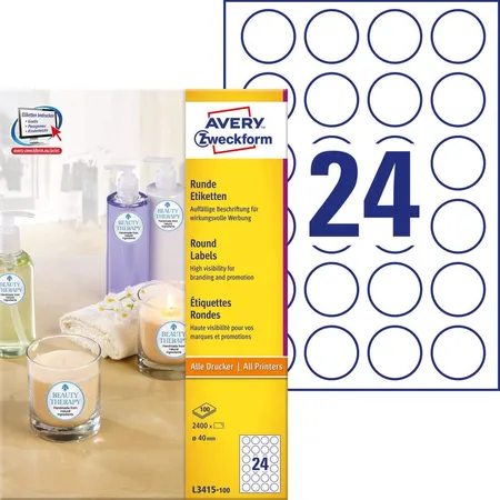 Avery Zweckform L3415-100 Runde Etiketten,A4 Ø 40 mm, 100 Bogen/2.400 Etiketten, weiß