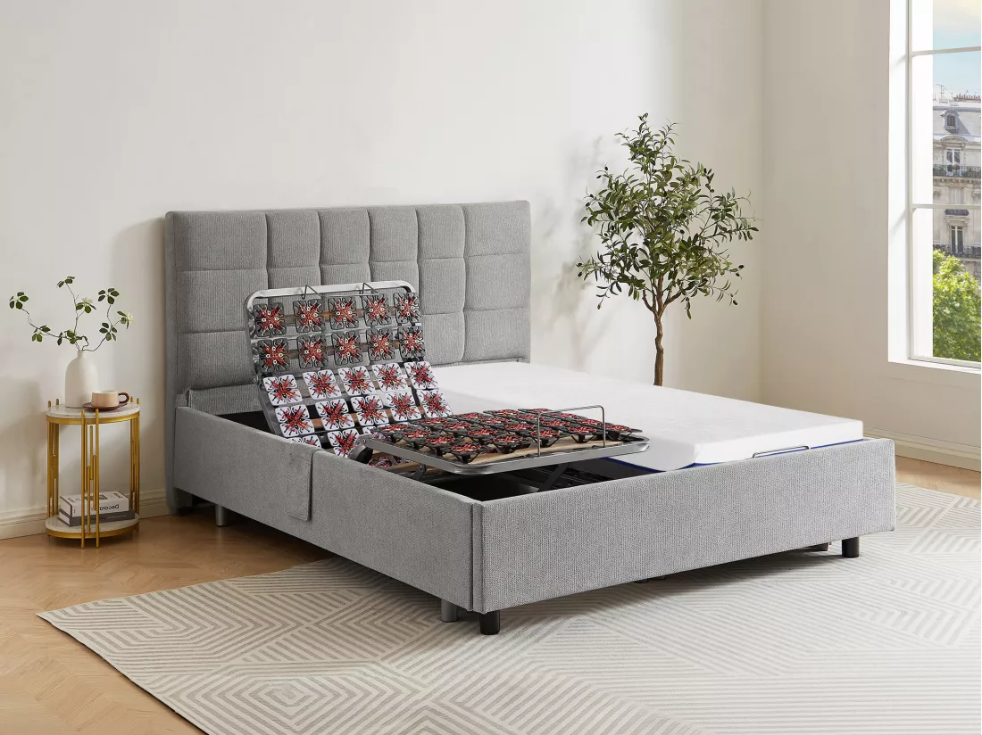 Lit électrique de relaxation déco tout plots + matelas mémoire de forme - 2 x 80 x 200 cm - Tissu - Gris - EREGA de YSMÉE