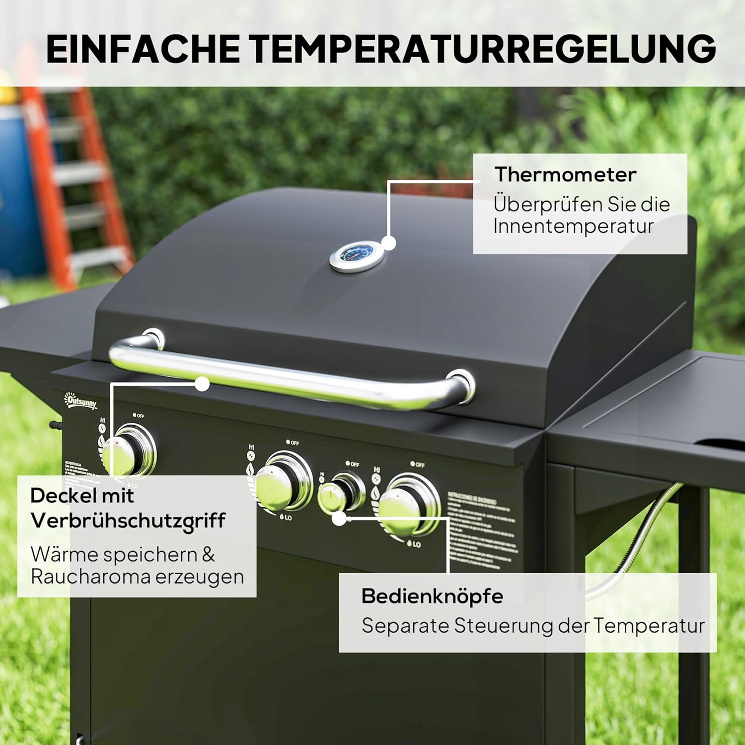 Outsunny Gasgrill 9,5 KW Grillwagen inkl 4 Brenner Seitenkocher Druckminderer Gasschlauch Rolle, BBQ Gartengrill mit 2 Heizzonen Deckel Seitenablagen Thermometer Grill für Balkon 123x57x98 cm