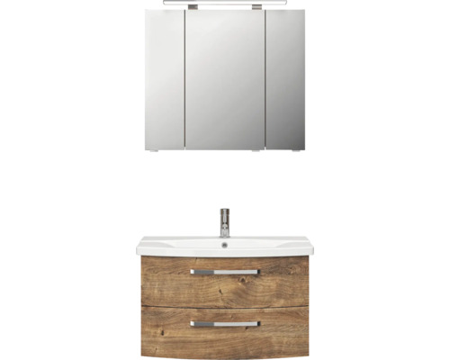 Pelipal Serie 4010 badkamermeubelset, afmetingen (B x H x D): 84 x 200 x 45 cm, fronten in eikenlook, Ribbeck 4-delige badkamermeubelset inclusief wastafel en spiegelkast met LED-verlichting