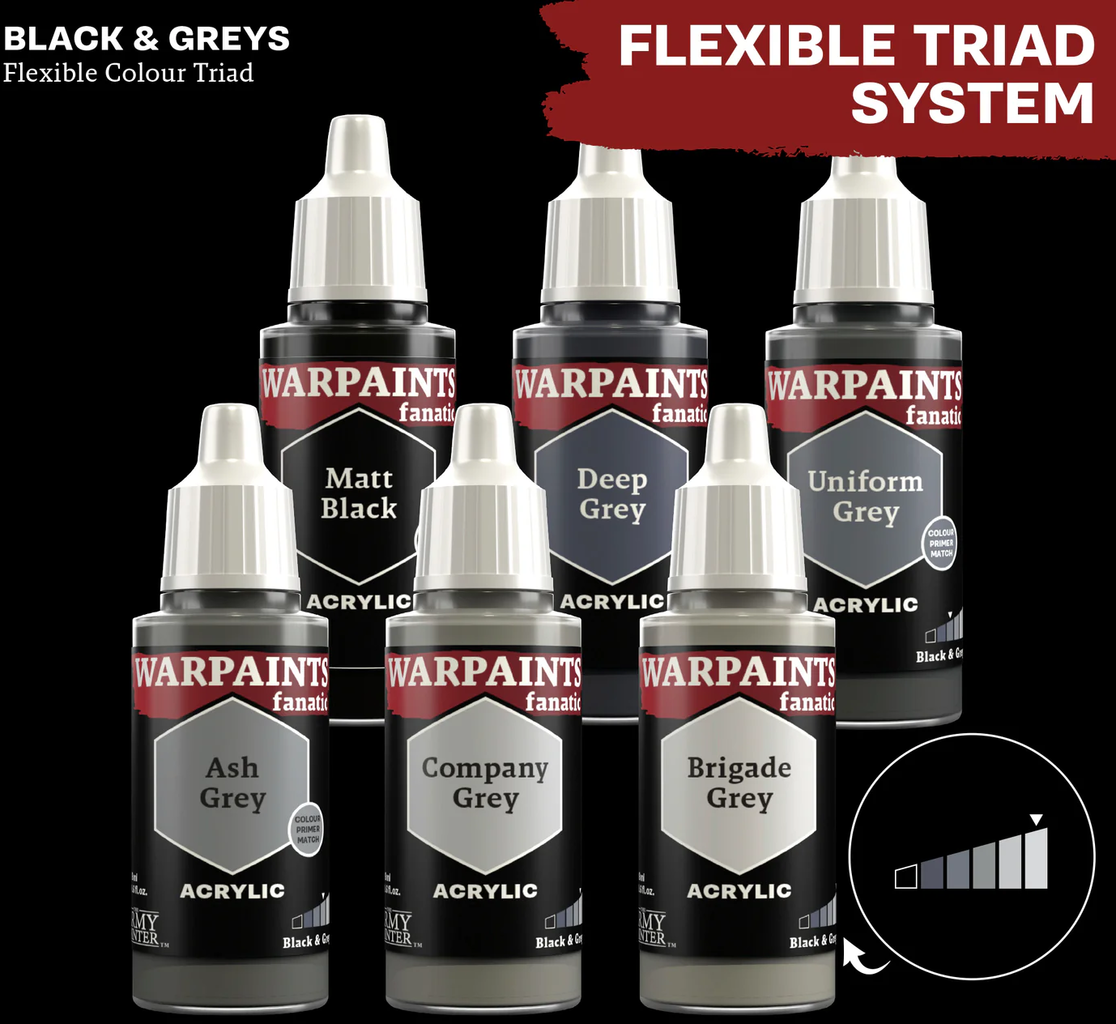 The Army Painter  Warpaints Fanatic: Black & Greys, Matt Black (18 ml)    Die Farbpalette für dunkle Welten