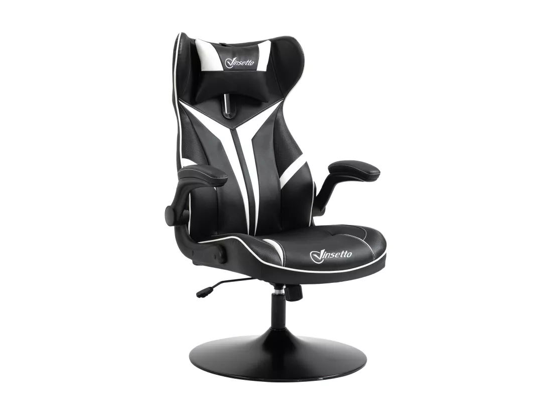 Fauteuil gaming base ronde métal pivotante 360° hauteur réglable tétière accoudoirs relevables PVC blanc noir