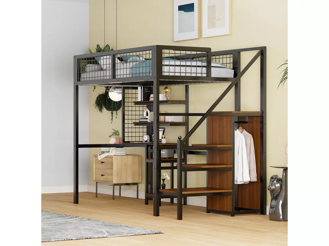 Lit mezzanine 90 x 200 cm en métal avec armoire, éscalier, bureau, étagères de rangement, tout-en-un, noir