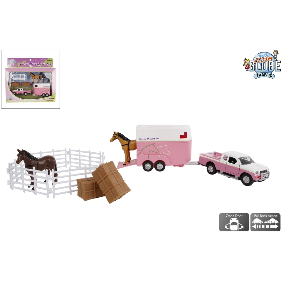 Kids Globe Farming Traffic Die Cast Mitsubishi mit Pferdeanhänger Rosa, Weiß Rosa