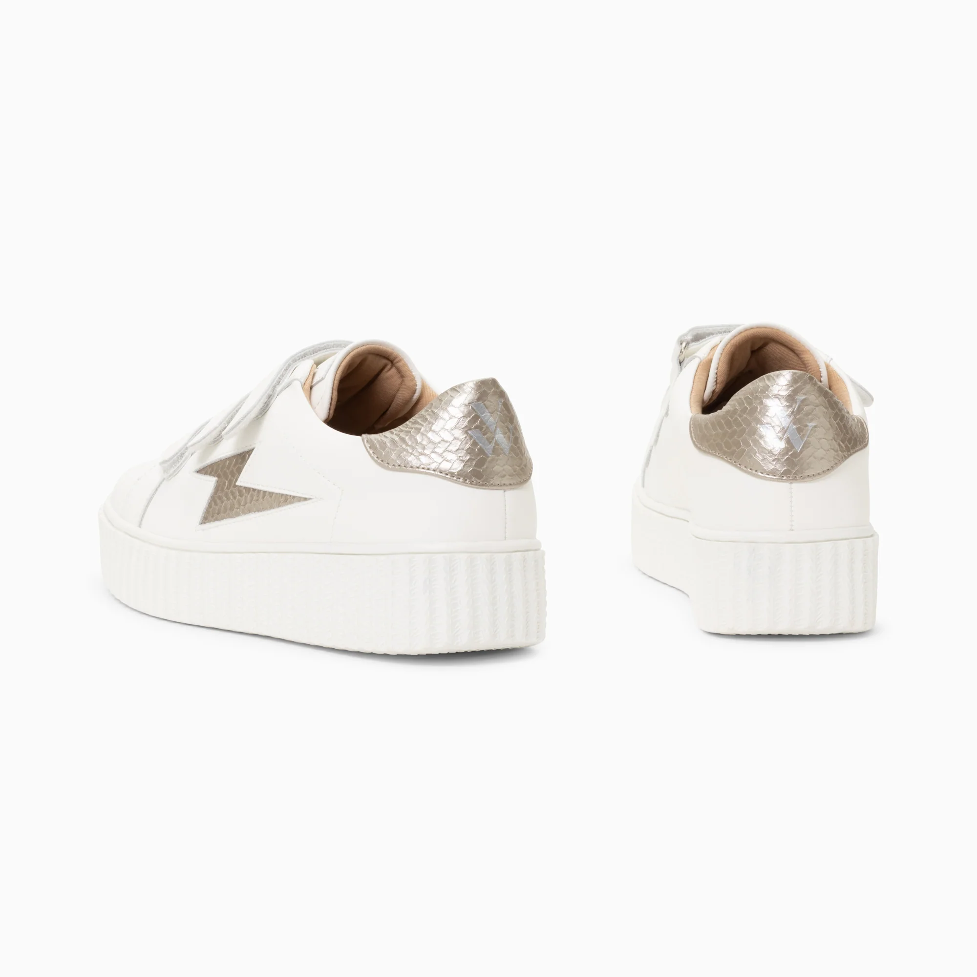 Sneakers-Baskets éclair Eva blanc et taupe serpent à scratchs