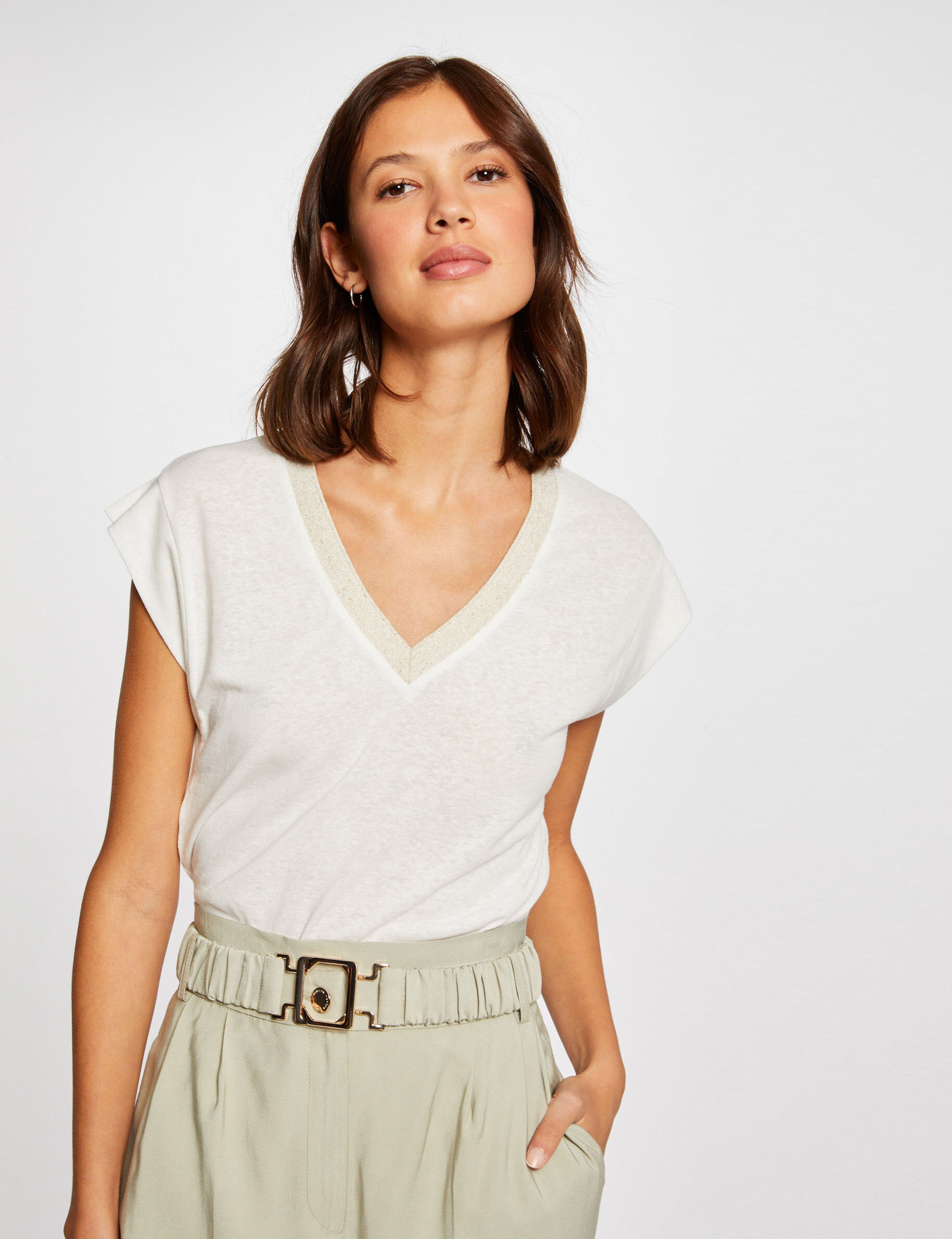 T-shirt manches courtes à col en V ecru femme - ecru