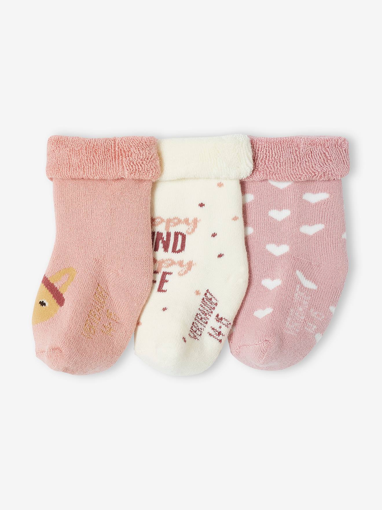 Pacote com 3 pares de meias com coelhinho e coração, rosa para bebê. Maquiagem.