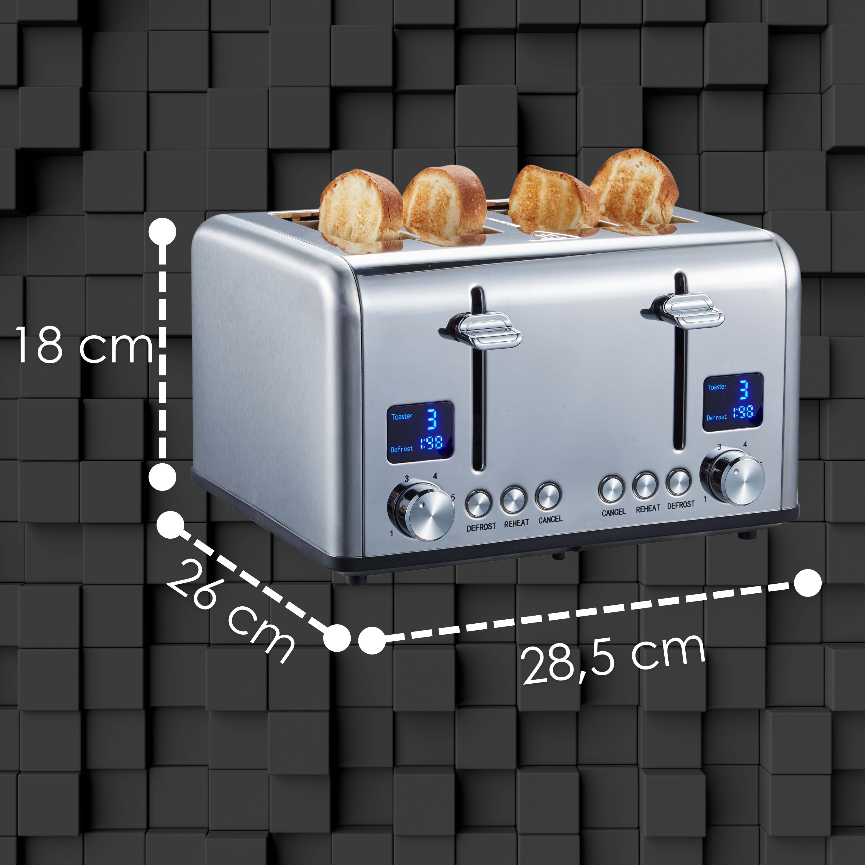 Steinborg 4 Scheiben Edelstahl Toaster mit Brötchenaufsatz 1630W