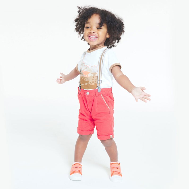 Bermuda à pinces en coton fantaisie et bretelles orange bébé garçon Orange