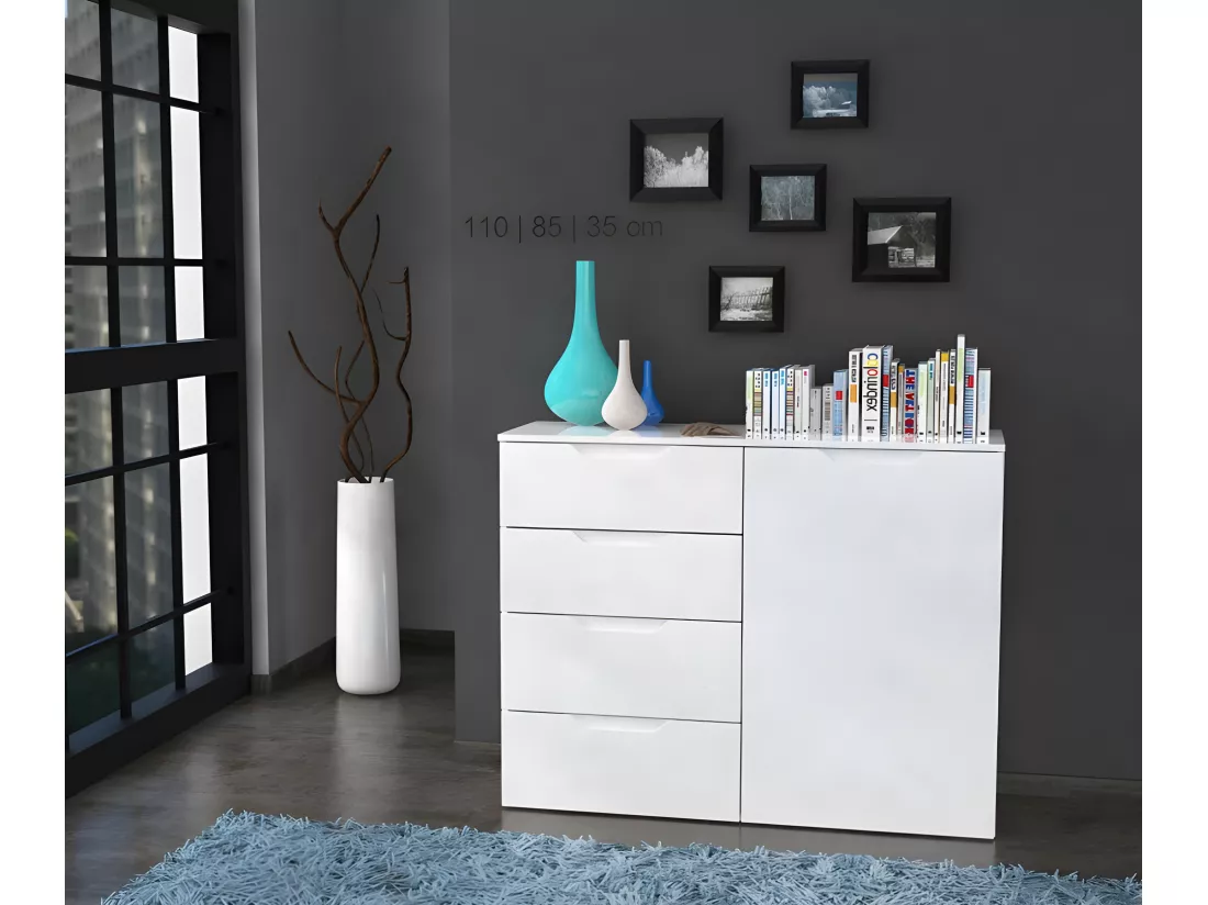Commode 110 cm blanc laqué et mat 1 porte et 4 tiroirs - PURE