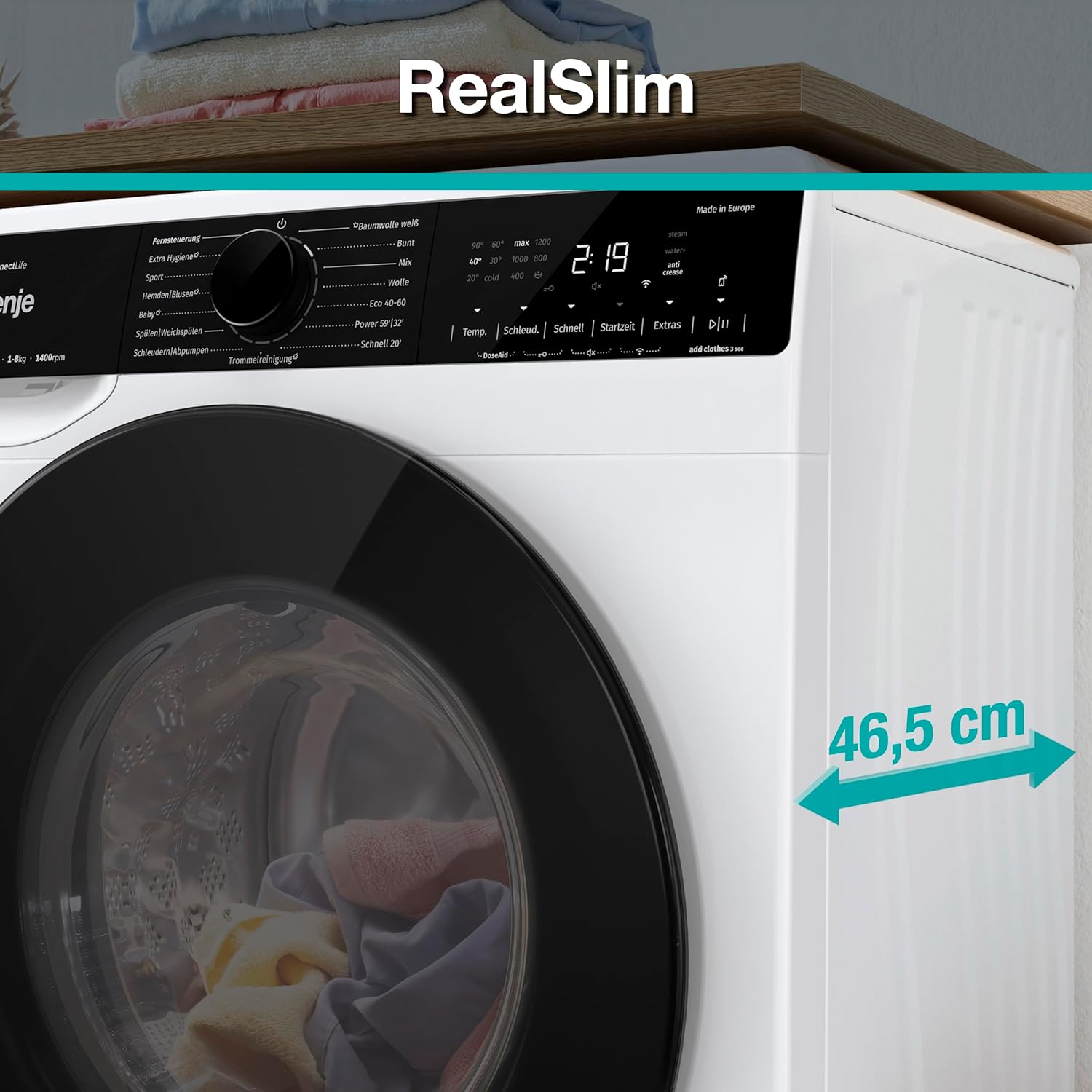 Gorenje WPNA 84 SATSWIFI Waschmaschine mit Dampffunktion / 8 kg / 1400 U/Slim Line/ConnectLife WiFi/Total AuaStop/Inverter PowerDrive Motor/Edelstahltrommel/Kindersicherung/EEK A