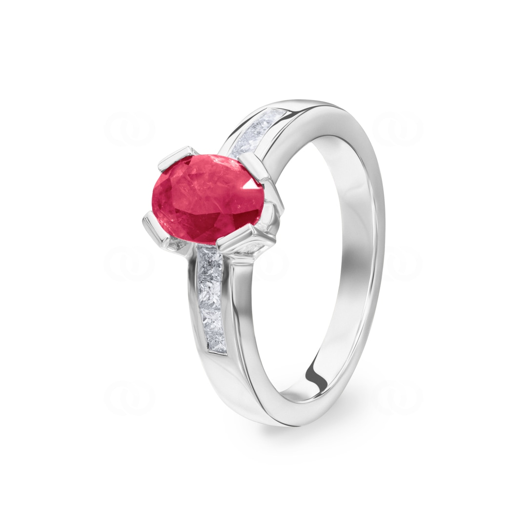 Verlobungsring 750/18 K Weissgold mit Diamanten 0.42 ct H/Si und Rubin 1.3 ct