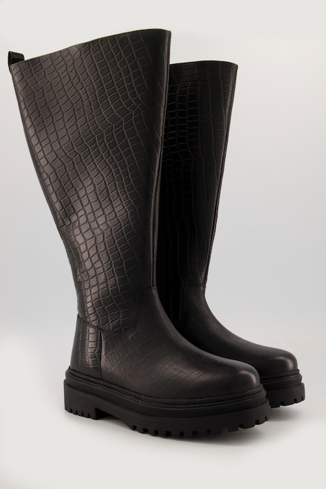 Lederstiefel, XL-Schaft, Kroko-Prägung, Plateausohle, Weite H