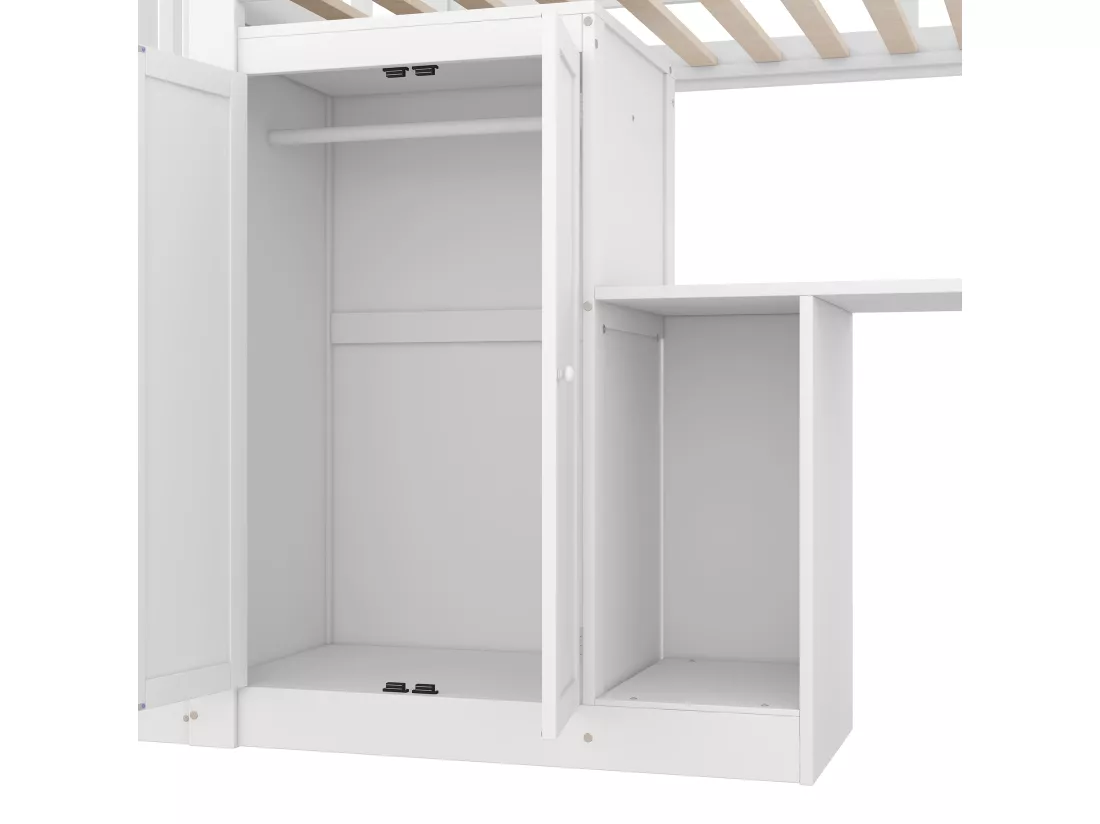 Lit mezzanine 90x200cm en bois - avec armoire、bureau et escalier de rangement - Blanc