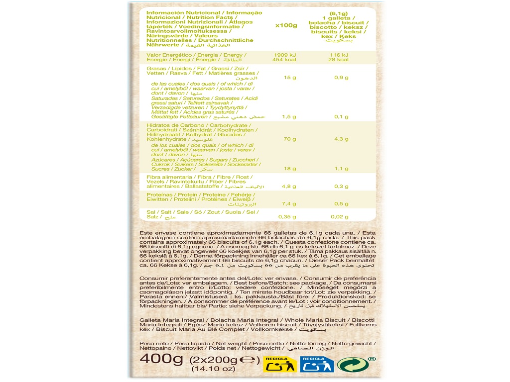 BOLACHA GULLON MARIA INTEGRAL BIO 400G