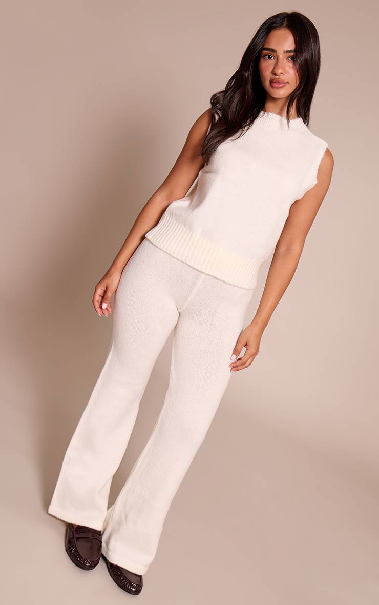 Crème Pantalon Large Taille Haute En Maille Petite