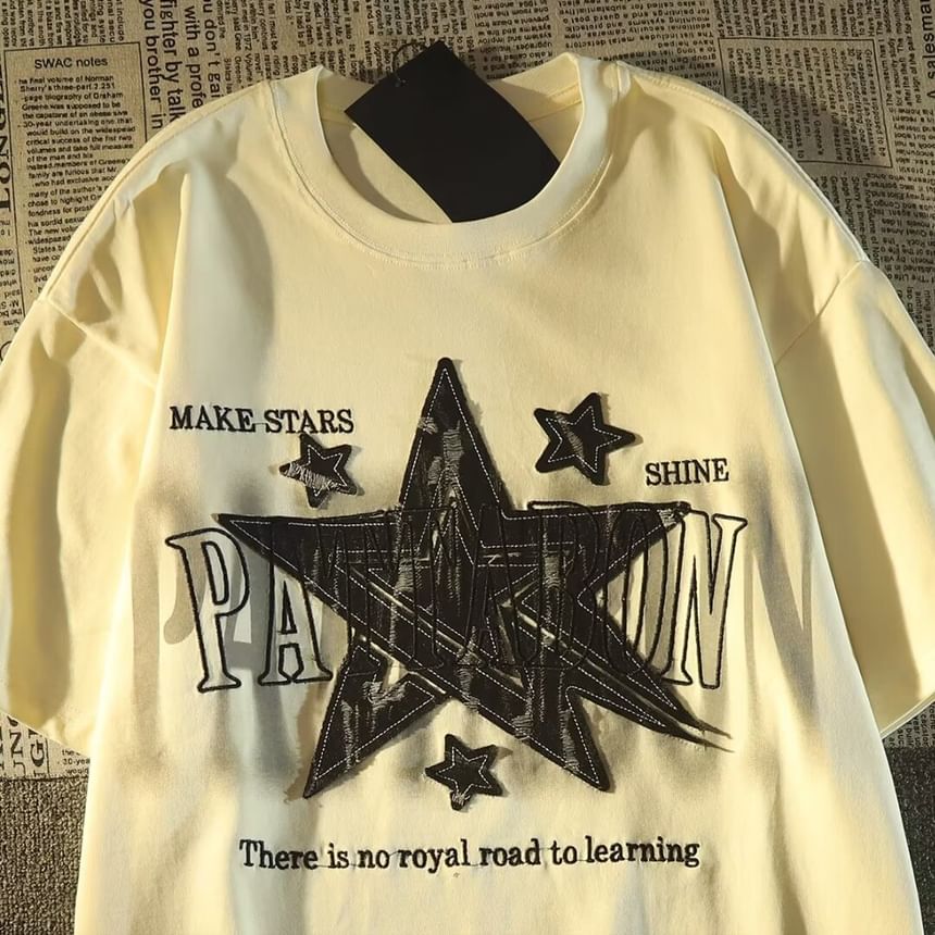 Bay Go Mall - T-shirt met ronde hals en sterrenprint, met elleboogmouwen