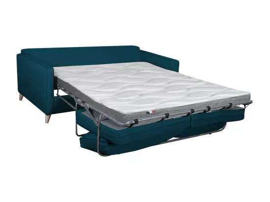 Canapé convertible scandinave 3 places en tissu bleu canard et bois clair avec matelas 10 cm PAPEL