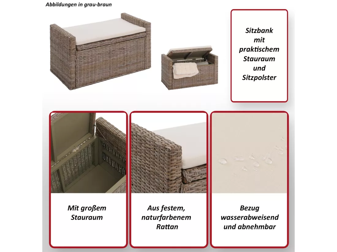 Banc Genua Rattan Compartiment de rangement, kubu, gris