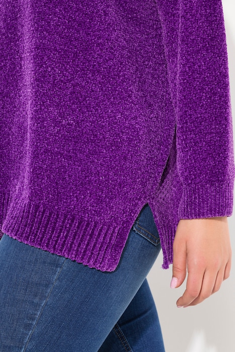 Chenille-Pullover, Oversized, Stehkragen, Langarm