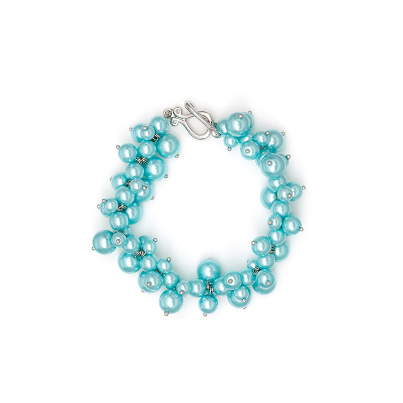 Bracelet Multi Perles Bleu Ciel et Plaqué Rhodium