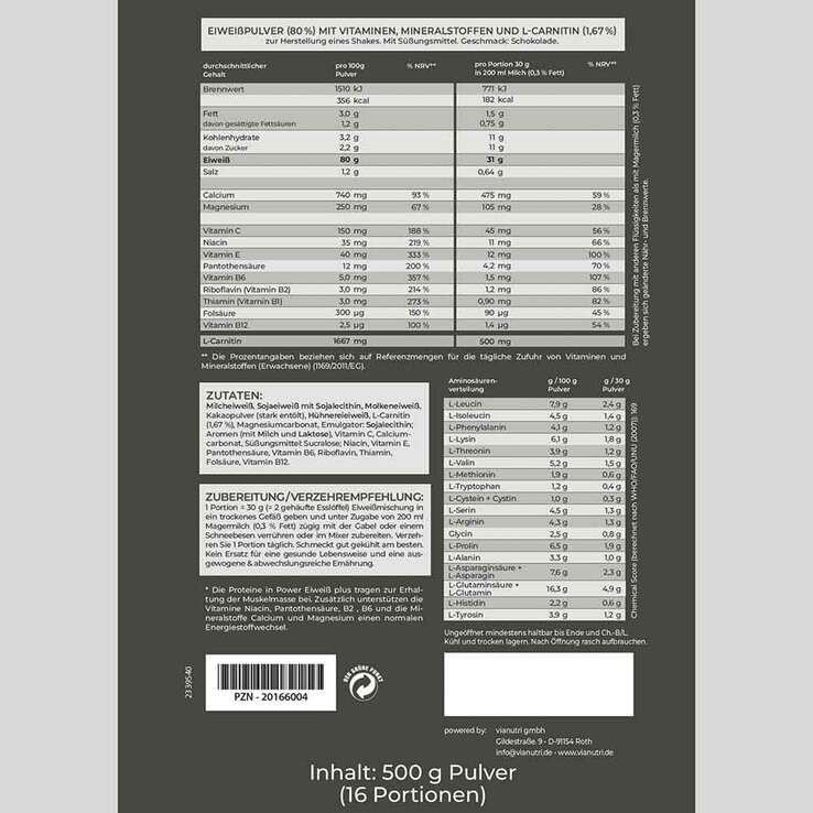 Power Eiweiss plus Protein Shake Pulver Schokolade, 500 g