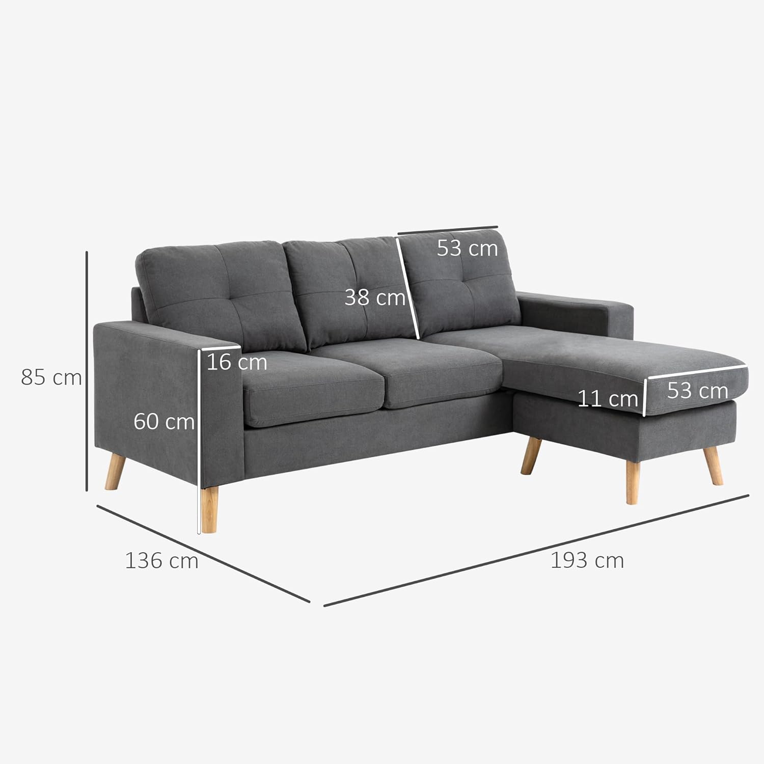HOMCOM Ecksofa L-Form Sofa mit 3 Kissen, Eckcouch mit Knopfheftung, Leinenoptik, Veränderbare Chaiselounge Couch Wohnlandschaft für Wohnzimmer, Schlafzimmer 193 x 136 x 85 cm Dunkelgrau